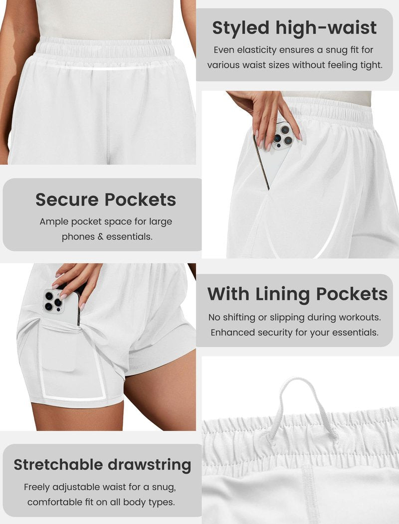 FireSwan Athletic Shorts for Women 2 in 1 High Waisted Quick Dry Running Workout Gym Active with Pockets White Medium