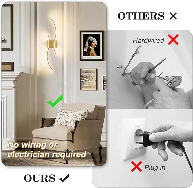 Battery Operated Wall Sconces Set of Two with Remote Control, Stepless Colors 3000K-6000K & Dimming, LED Gold Wireless Wall Light for Living Room, Hallway, Bedroom, 31.5 Inch (2 Pack)