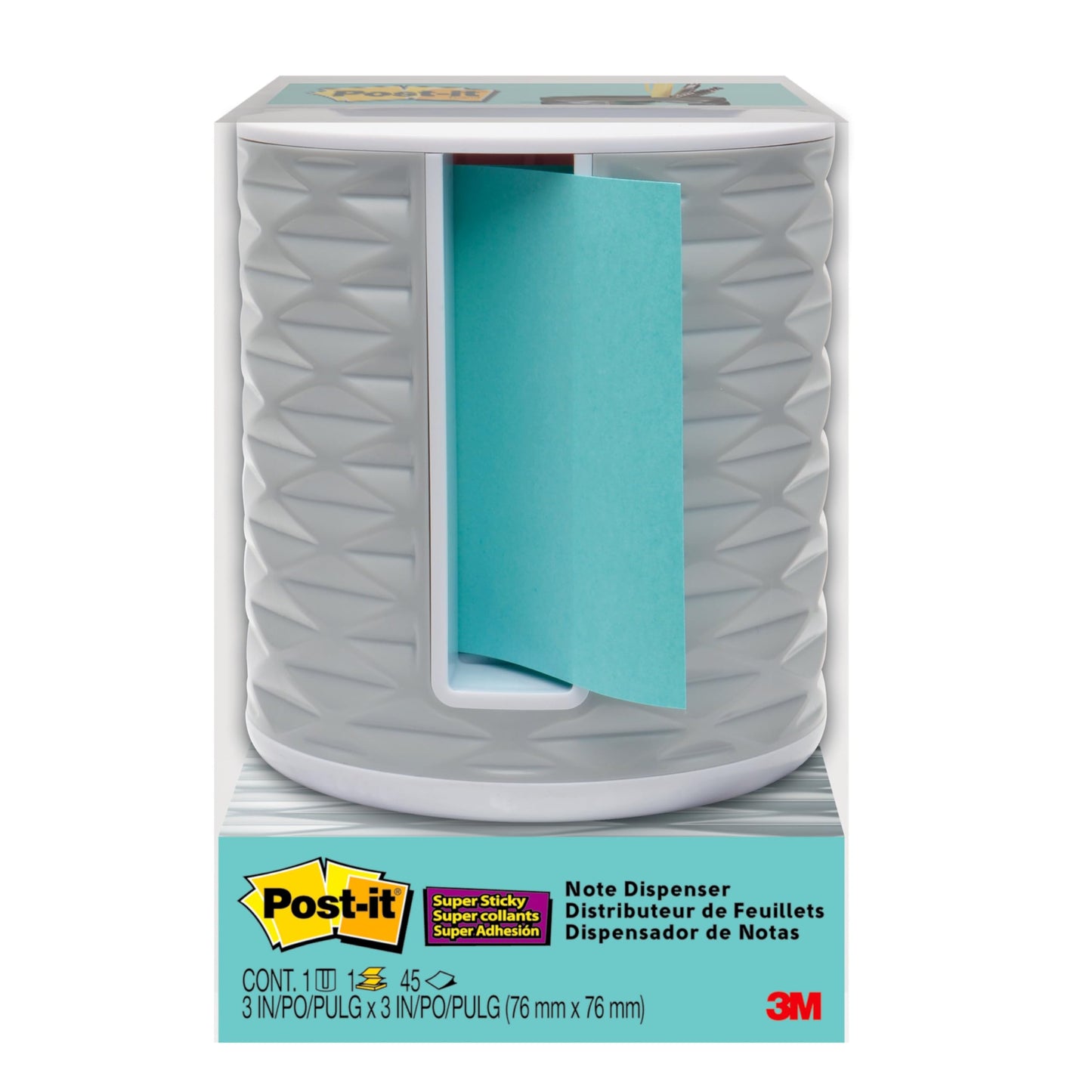 Post-it Note Dispenser with Post-it Pop-up Notes, White Base with Grey Geometric Pattern, 1 Aqua Splash 3 in. x 3 in. Super Sticky Note Pad, Classroom or Office Supplies