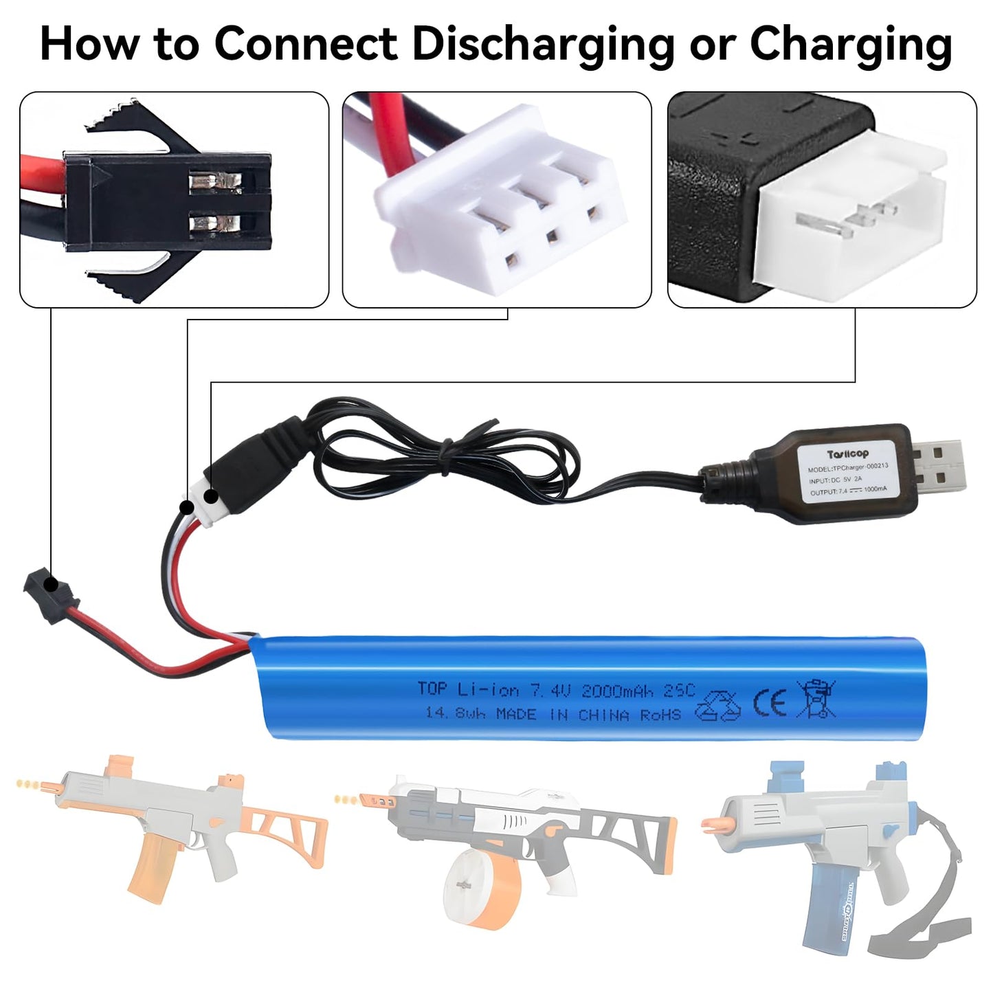 Tosiicop Airsoft Gel Blaster Battery - 7.4V 2000mAh LiPo Batteries for Splatter Ball Accessories SRB400 SRB1200 SRB400-SUB Water Bead MP5K M4 M110 with SM-2P Plug Rechargeable Charging Cable
