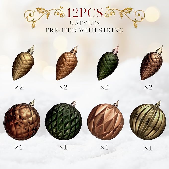 JORNOY Christmas Tree Ornaments, 4inch/100mm Shatterproof Ornaments for Christmas Tree Set - Large Plastic Decorative Hanging Balls Ornaments for Xmas Tree Decorations Party, 12ct (Earth Tone)