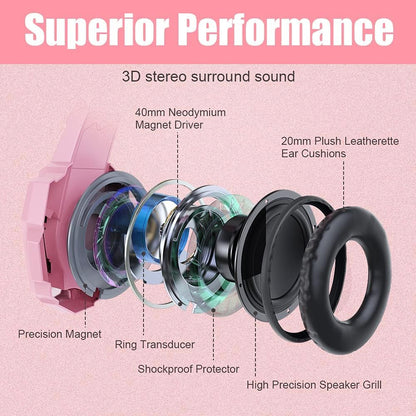 BENGOO G9000 Professional Gaming Headset for PS4, PC, Xbox One Controller, Noise Cancelling Over Ear Headphones with Mic, LED Light, Bass Surround, Soft Memory Earmuffs for Laptop - Pink