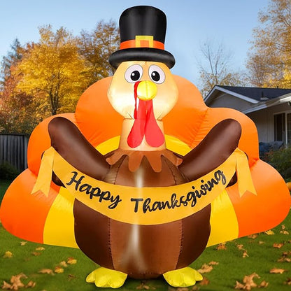6FT Thanksgiving Inflatables Turkey Outdoor Decorations, Blow Up Turkey with Colorful Tail & Pilgrim Hat Built-in LED Lights for Family Lawn Yard Garden Fall Party House Harvest Holiday Decor