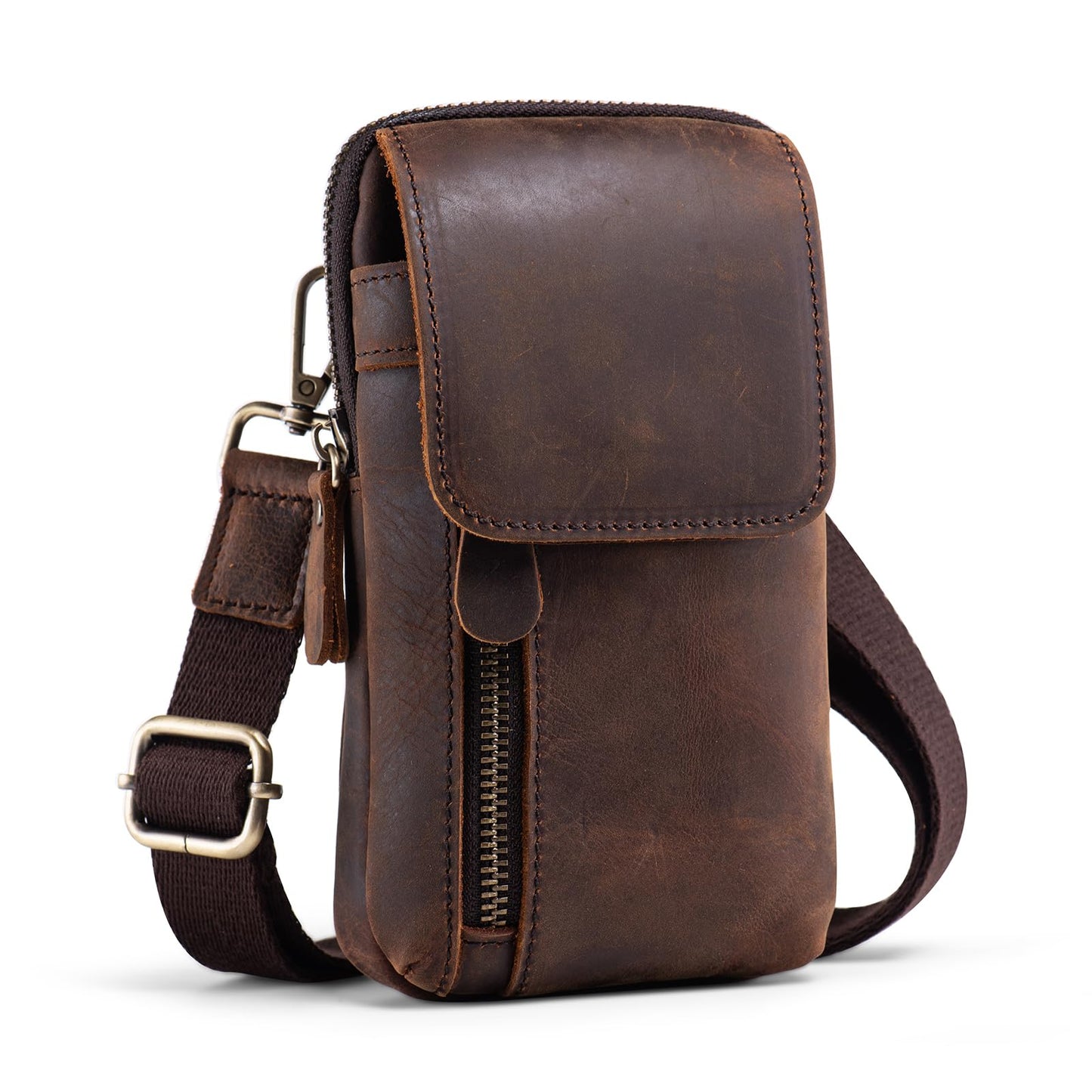 Hengwin Top Grain Crazy Horse Leather Phone Holster Waist Pouch with Belt Clip Belt Loop Shoulder Strap, Mini Crossbody Cell Phone Purse for Men, Belt Bag for Travel, Outdoor, Daily Use (Coffee)