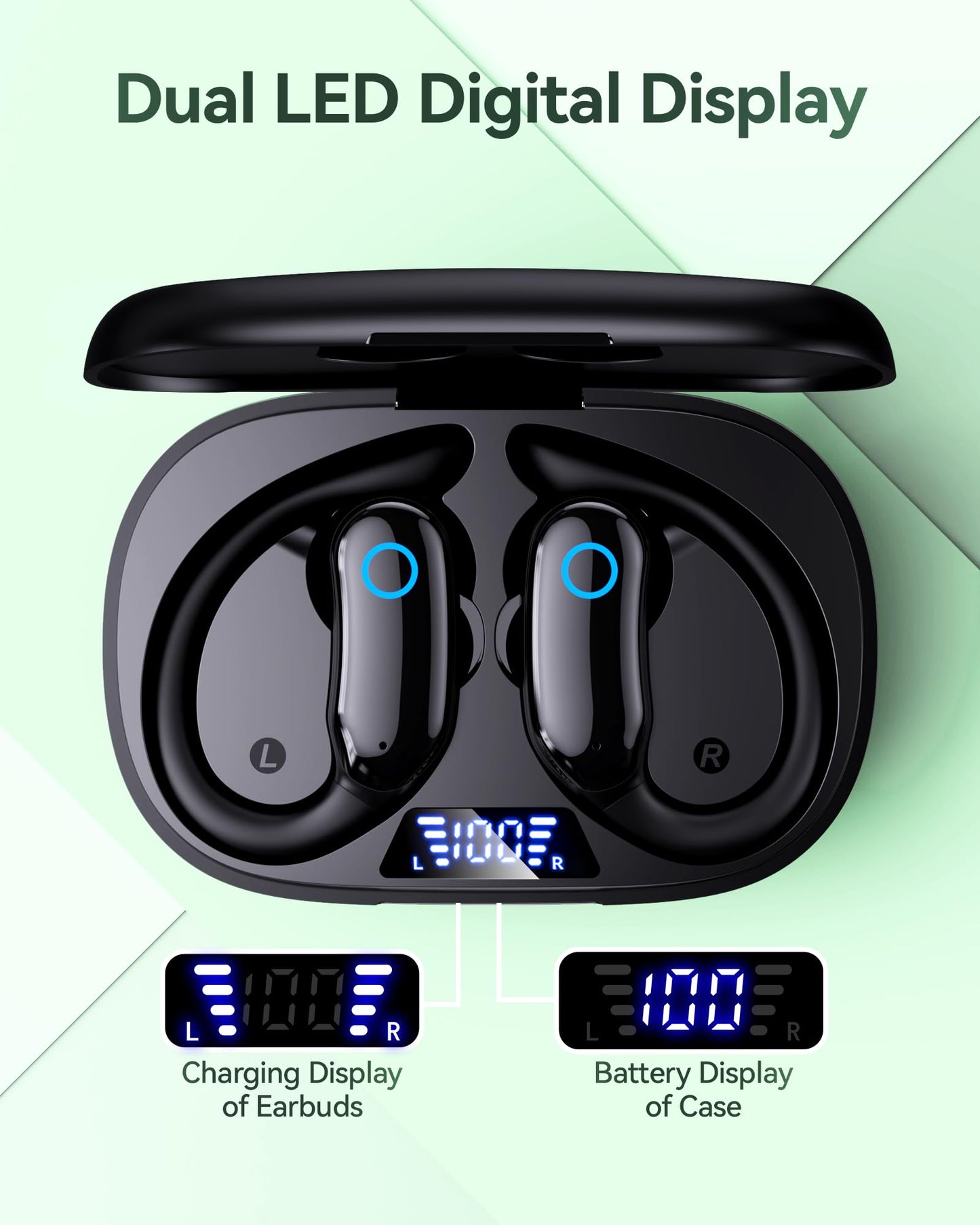 GNMN Active Noise Cancelling Ear Buds Wireless Earbuds 96hrs Playback Bluetooth Headphones Dual Battery Display Stereo Bass Earphones with Earhooks Microphone IPX7 Waterproof for Sports/Workout