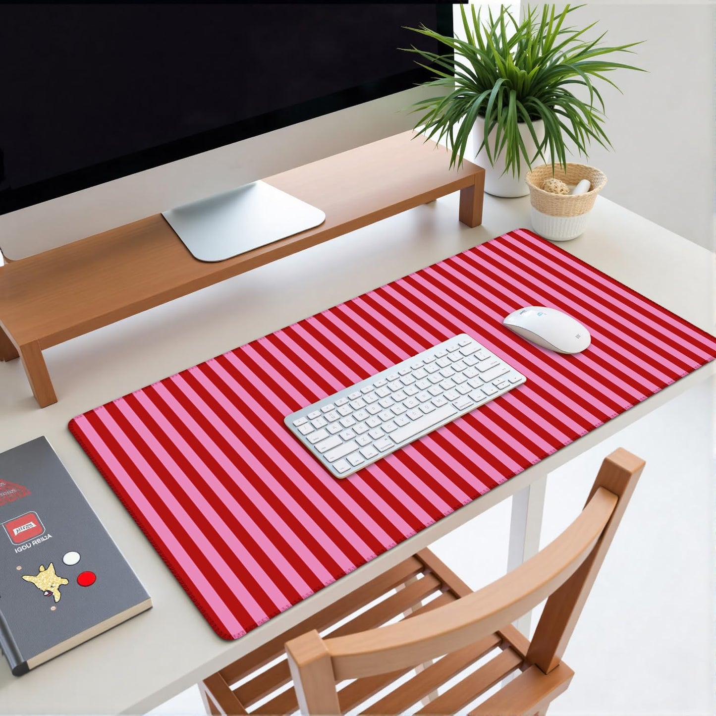 ohisxiacy Pink Red Striped Desk Mat Cute Pastel XXL Large Gaming Mouse Pad Desk Pad Kawaii Aesthetic Cozy Keyboard Laptop Computer Mat Home Office Decor for Women