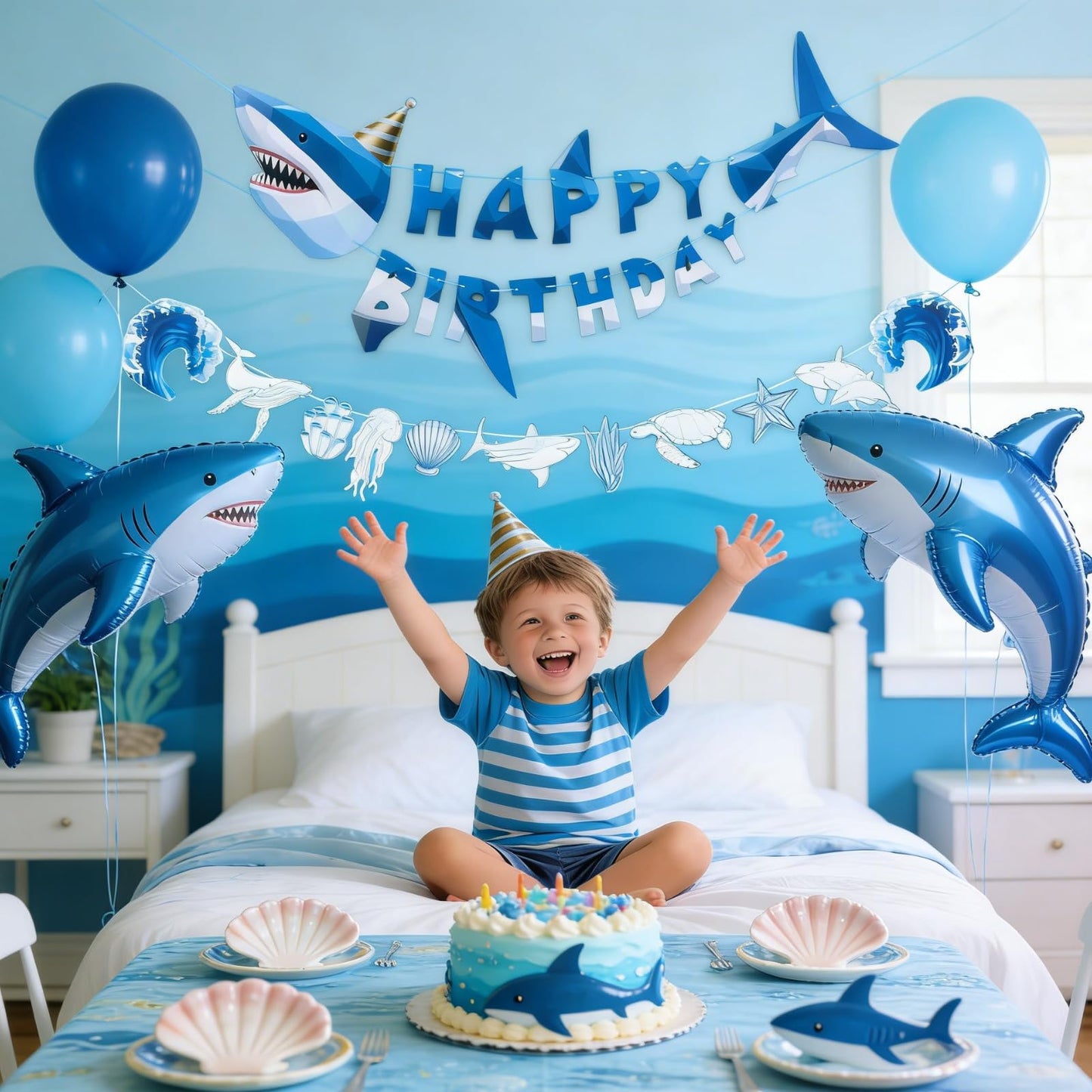 SUNBEAUTY Shark Birthday Party Decorations Shark Happy Birthday Banner Ocean Theme Hanging Shark Garland Under The Sea Pre-strung Shark Birthday Banner for Boys Baby Shower Beach Summer Pool Party（Blue）