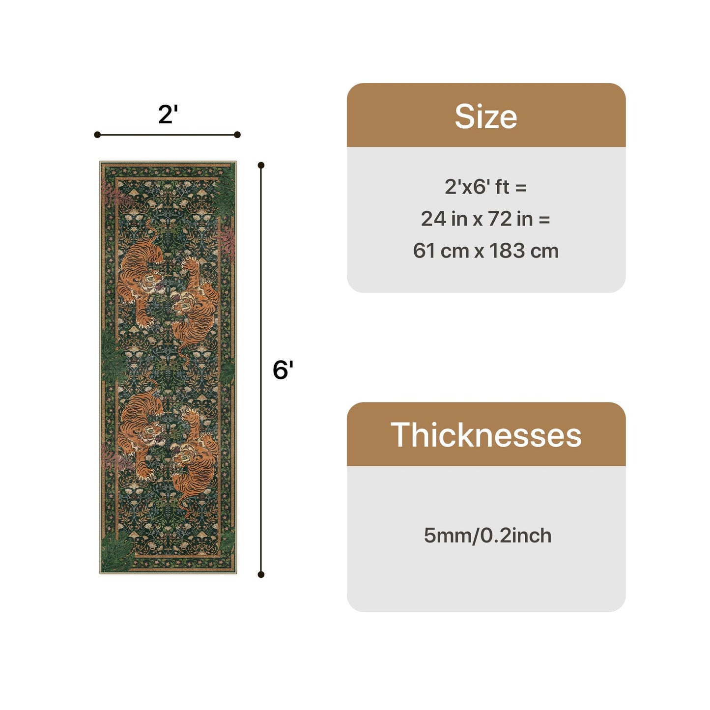 Bavni Tiger 2x6 Washable Runner Rug Non Slip, Boho Vintage Oriental Hallway Runner, Low Pile Soft Green Carpet Stain Resistant, Botanical Animal Kitchen Runner Rugs for Entryway Bedroom Laundry