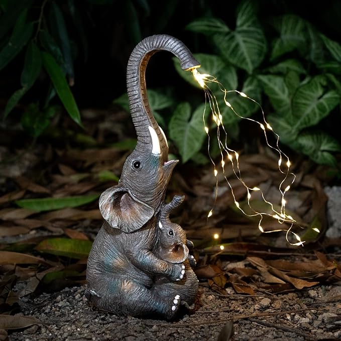 Elephant Statue with Solar Watering Lights, Outdoor Garden Decor for Patio, Yard, Lawn, Unique Gifts for Women, Mom – Resin Elephant Sculpture (Dark Grey Two Elephants)
