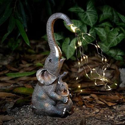 Elephant Statue with Solar Watering Lights, Outdoor Garden Decor for Patio, Yard, Lawn, Unique Gifts for Women, Mom – Resin Elephant Sculpture (Dark Grey Two Elephants)