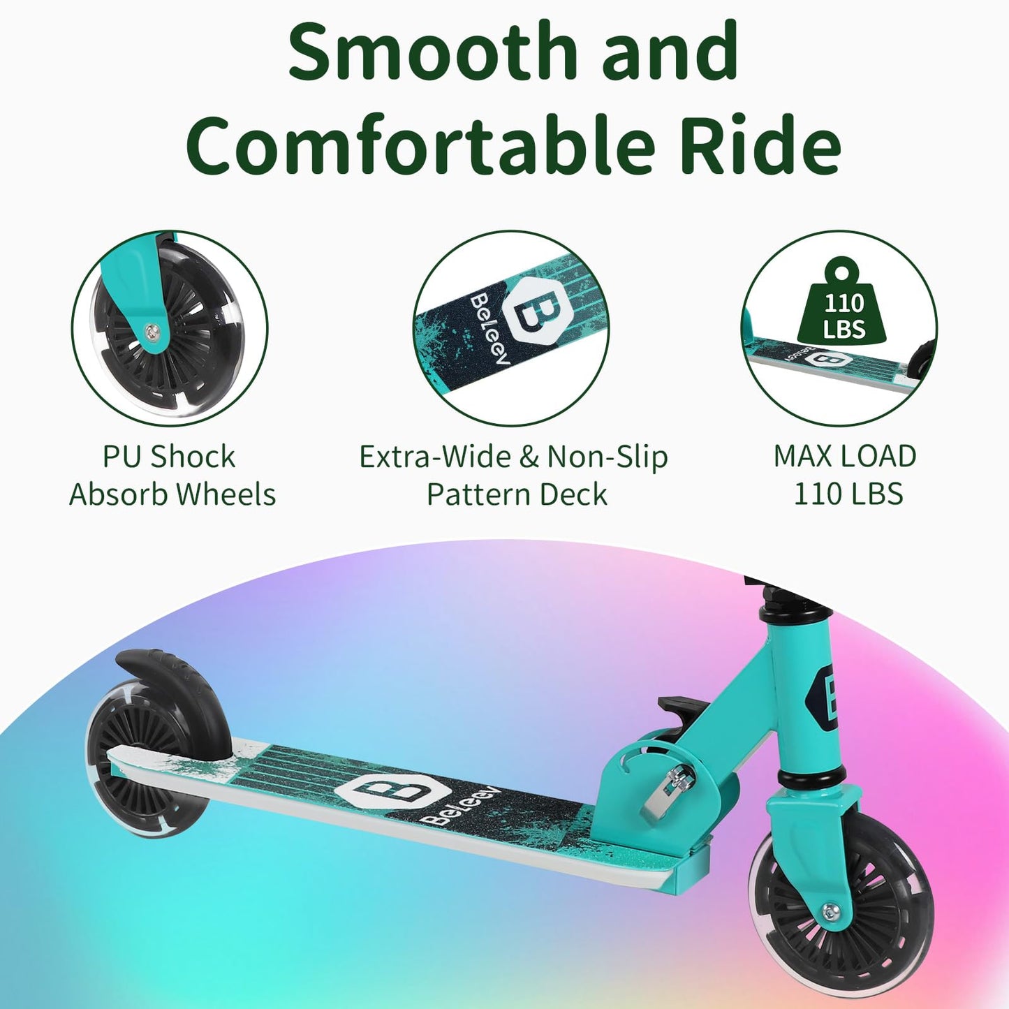 BELEEV Scooters for Kids Ages 3-12 with Light-Up Wheels & Stem & Deck, 2 Wheel Folding Scooter for Girls Boys, 3 Adjustable Height, Non-Slip Pattern Deck, Lightweight Kick Scooter for Children (Aqua)