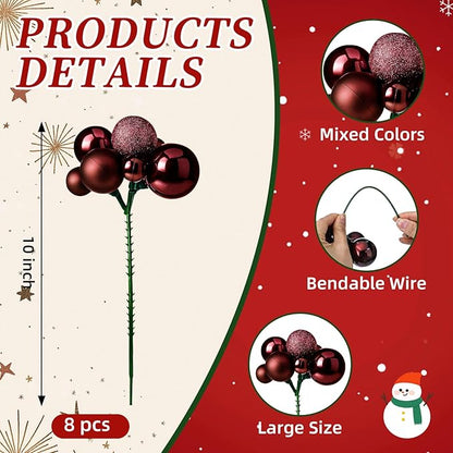 8 Pcs Coffee Christmas Tree Picks 7.87 Inch Christmas Balls Ornaments Xmas Hanging Decorations for Xmas Tree Topper DIY Wreath Holiday Floral Vase Fillers Crafts Home Decor