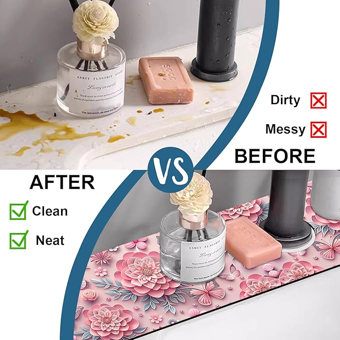 Pink Floral Sink Splash Guard Faucet Mat Flower Butterfly Super Absorbent Fast