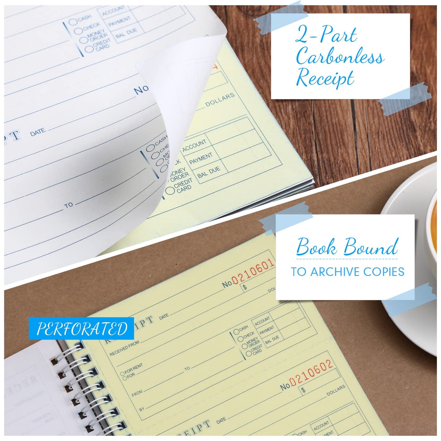 Crtiin 10 Pcs 5-1/4" x 11" Books Money and Rent Receipt Book 2 Part Carbonless Receipt Book with Carbonless Copies Spiral Bound Cover Receipt Log Book 200 Sets Per Book 4 Receipts Per Page