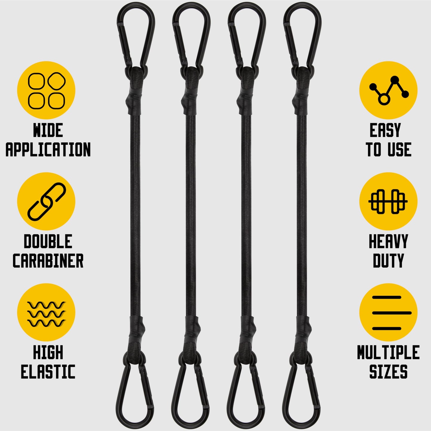 Bungee Cords with Carabiner, 12 Inch Long Heavy Duty Bungee Cords with Carabiner Clip Outdoor, 1/3 Inch Black Extra Strong Elastic Rope with Carabiner Hooks for Camping, Tarps, Bike Rack, Tent, 4 Pack