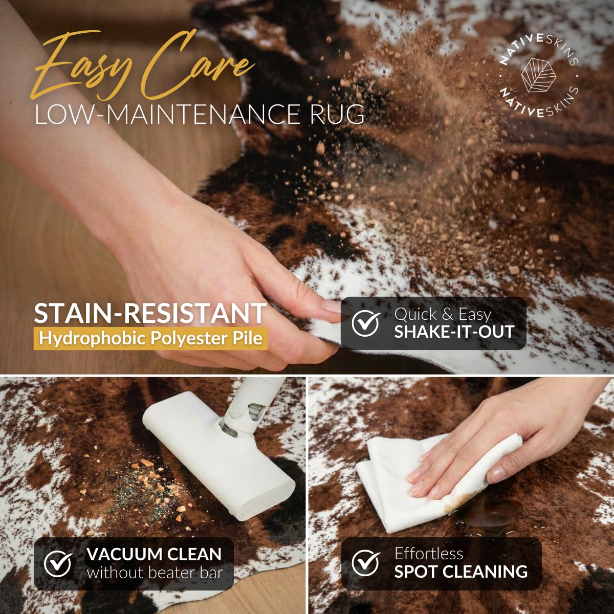 NativeSkins Faux Cowhide Rug 4'7" x 6'7" – Brown Cow Print Area Rug for Living Room & Bedroom – Non-Shedding, Flat-Lay, Pet-Friendly – Faux Suede Grip Backing – Vegan Western Farmhouse Decor