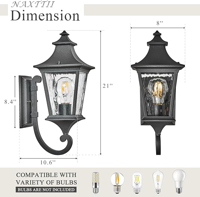 Outdoor Wall Lights 21 Inch Large Front Porch Light with Water Ripple Glass Black Exterior Light Fixture for House E26 Socket