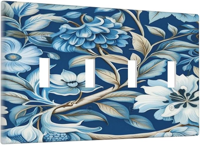 Blue Flowers Branches Leaves Floral Pattern Light Switch Covers Quad Toggle 4 Gang Wall Plate Decorative Switchplate Electrical Faceplate for Farmhouse Bathroom Living Decor