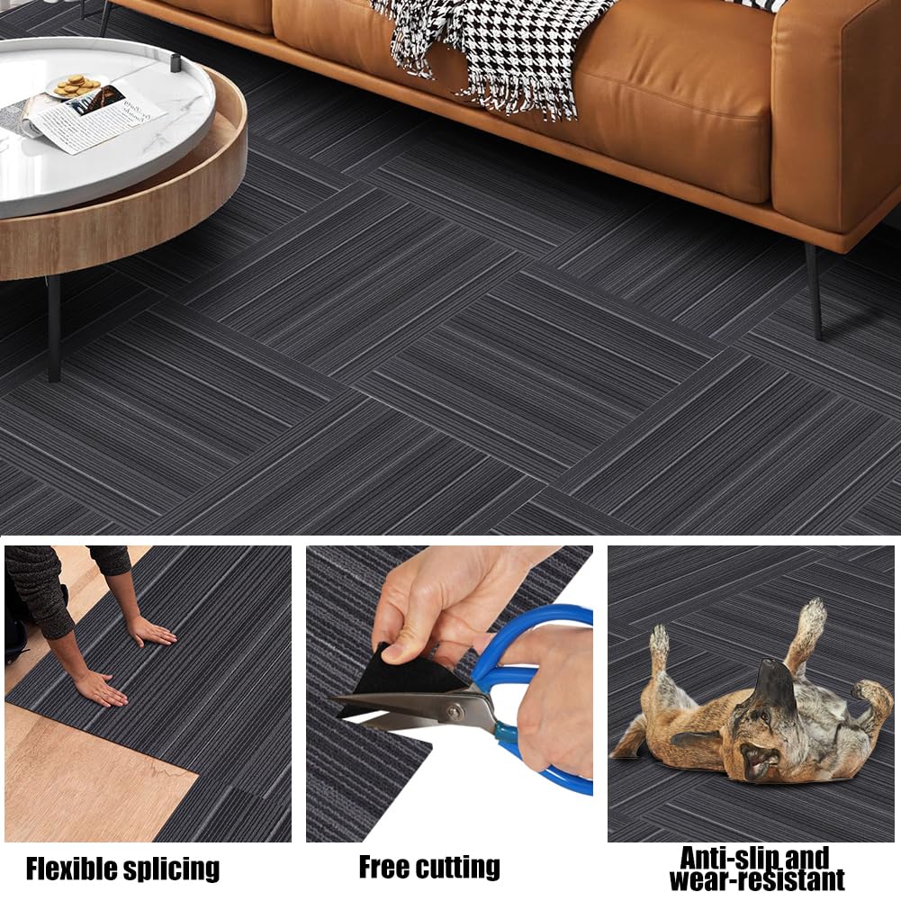 Boshuele 24 inch x 24 inch Carpet Tiles upholstered Non-Slip Carpet Squares Reusable Easy to Install Indoor and Outdoor Office Home Decor Flooring (Black, 18 PCS)