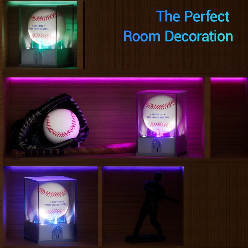 Leshein Baseball Display Case with Led Light, Light up Baseball Case for Display, Acrylic Baseball Holder Display Case, UV Protected Clear Baseball Stand Baseball Cube for Memorabilia Baseball Gifts