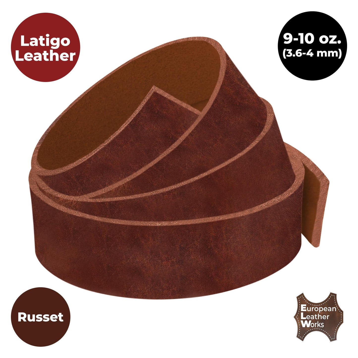 ELW 9-10 oz (3.6-4mm) Latigo Leather Belt Grade Straps & Strips | Size: 1"x50" (2.5x127cm) | Russet | Full Grain Cowhide, Heavy Duty Holsters, Sheathes, Harness, Saddle, Guitar Straps, DIY Crafts