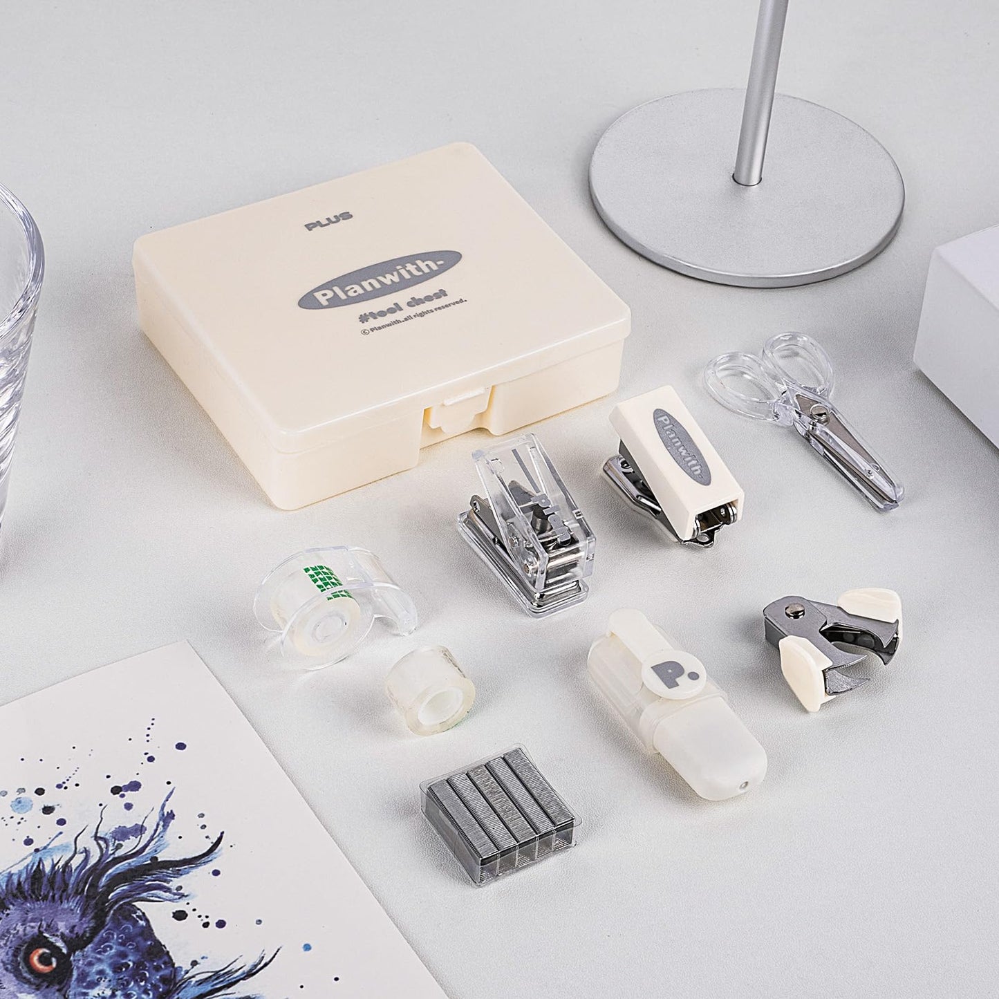 HannaFires 8-Piece Mini Office Supplies Kit Set - Portable Desk Accessories Set for School, Office & Back to School Gift (White)