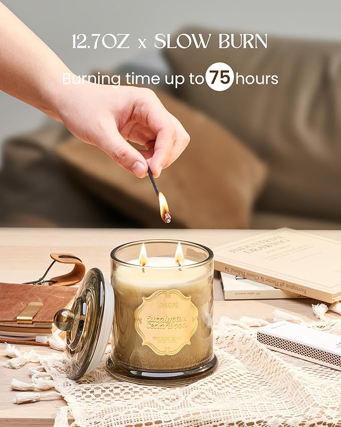 M&SENSE Eucalyptus Cedarwood Scented Candles, 2 Wick 12.7oz Large Jar Candle 75H Long Lasting, Plant-Based Non Toxic Soy, Aromatherapy Candles Stress Relief, Fall Winter Thanksgiving Christmas Gift