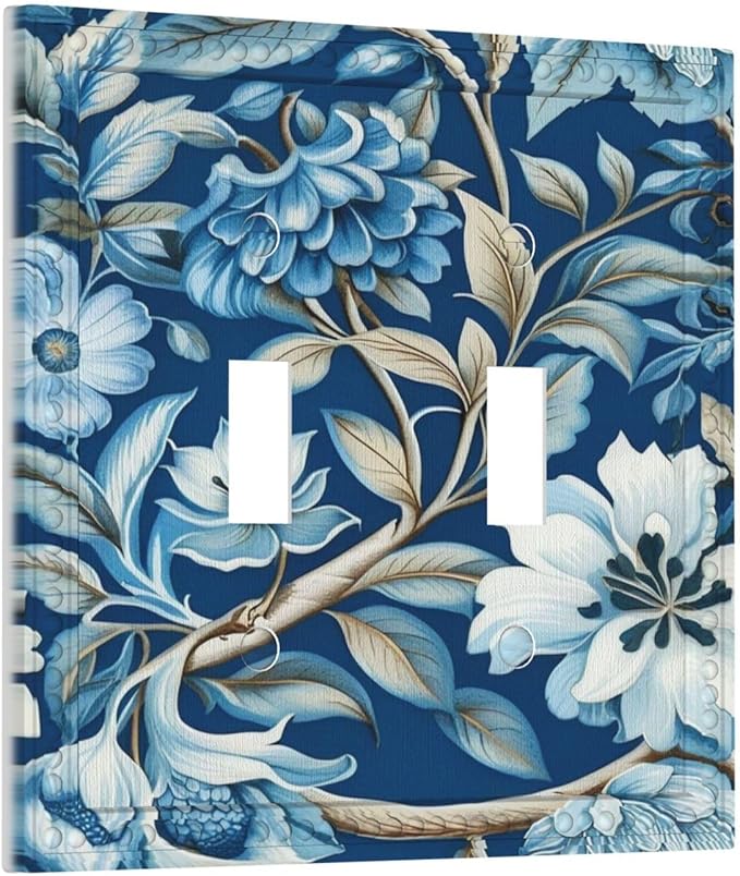 Blue Flowers Branches Leaves Floral Pattern Light Switch Covers Double Toggle 2 Gang Wall Plate Dual Decorative Switchplate Electrical Faceplate for Farmhouse Living Room Decor