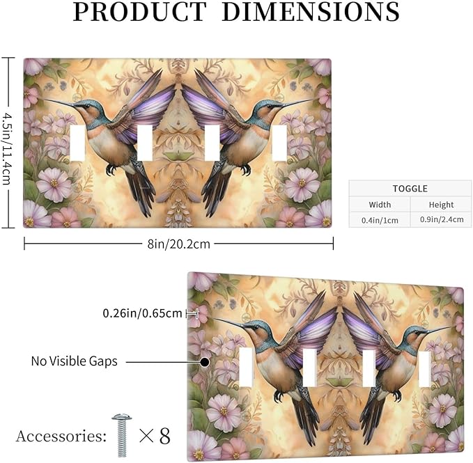 Decorative Art Light Switch Covers Blossom & Hummingbird Quad Toggle 4 Gang Wall Plate Switch plate Electrical Faceplate for Home Decor