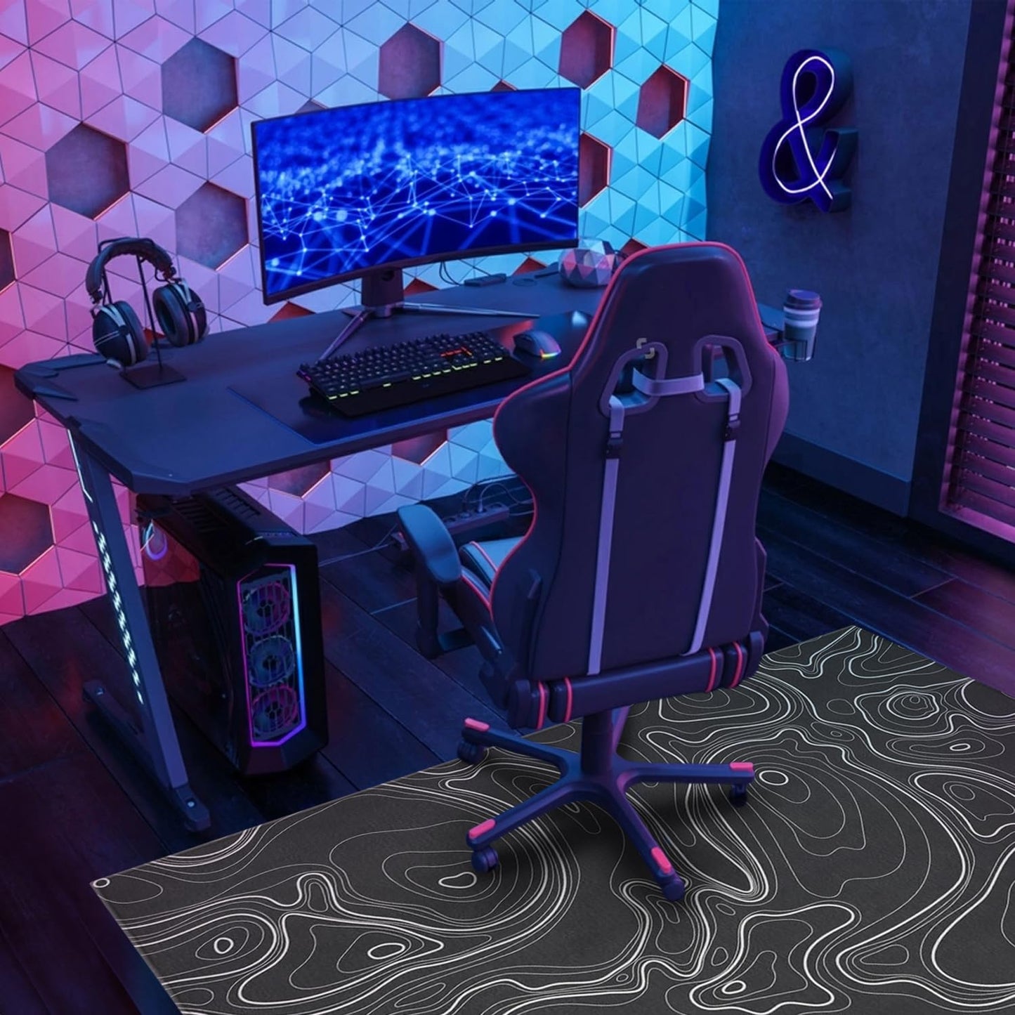 Gaming Chair Mat for Carpet Hardwood Tile Floor,36"x48" Gaming Rug for Gaming Room, Under Desk Non Slip Gamer Rug,Low-Pile Game Room Rug,Rubber Backing Large Gaming Chair Floor Mat,Topographic Contour