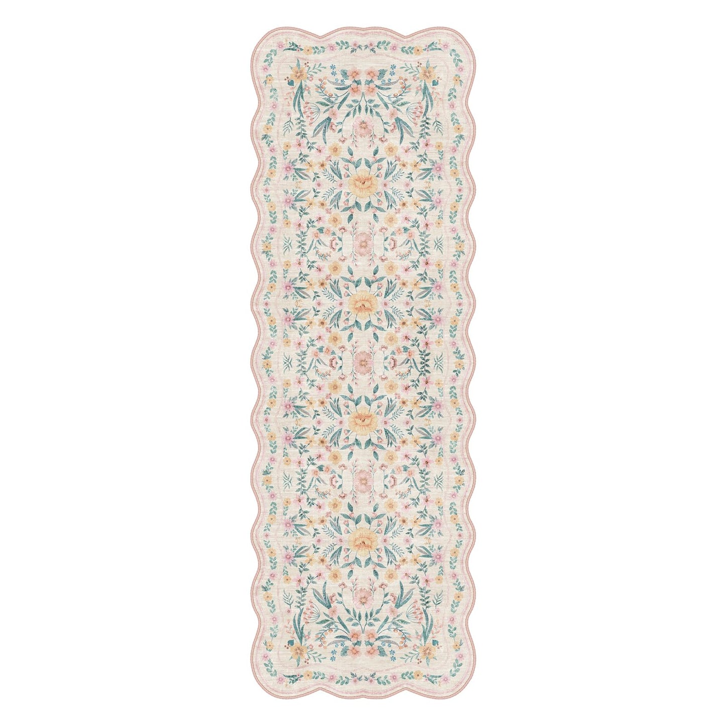 Dadasgk Scalloped Floral Runner Rug 2x6, Pink Washable Non-Slip Boho Hallway Rug, Soft Cute Carpet Runner for Kitchen, Bathroom, Laundry, Entryway or Bedroom