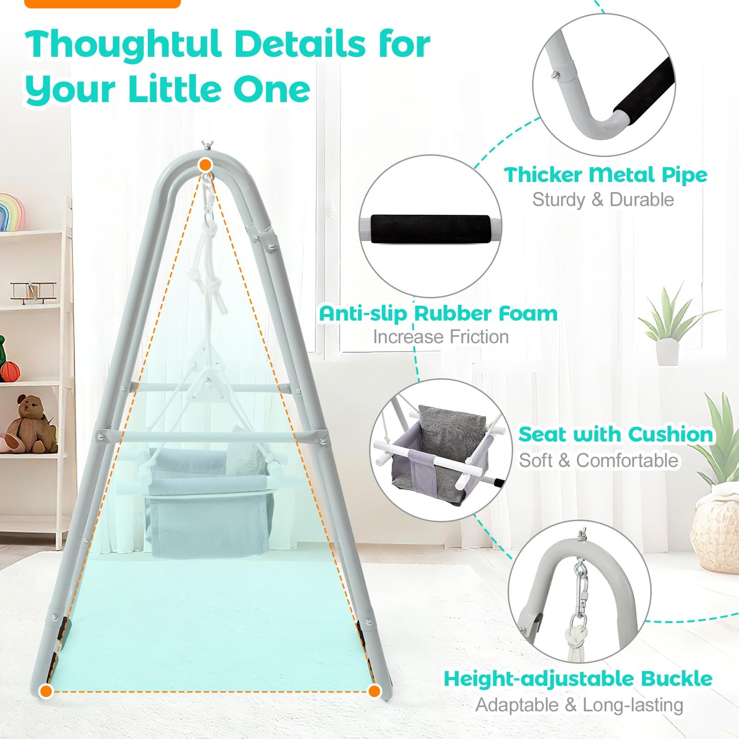 FUNLIO Baby Swing Set for Toddlers 6-36 Months, Foldable & Portable Swing for Indoor & Outdoor, Heavy Duty Metal Frame, Includes 2 Weight Bags & 4 Anti-Slip Pads, Easy to Assemble & Store – Gray