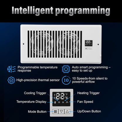 Xcity Quiet Register Booster Fan, Intelligent 4"x10" Vents, 10-speed, Air Vent Fan with Remote Control & Thermostat, Smart LED Display Ideal for HVAC, Integrated Heating & Cooling, White