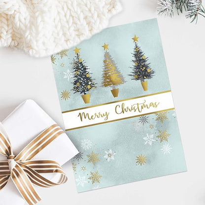 Masterpiece Christmas Tree Trio Gold Foil Holiday Cards / 16 Boxed Winter Holiday Cards With Gold Foil Lined Envelopes / 5 5/8" x 7 7/8" Folded Seasonal Greeting Cards With Inside Verse