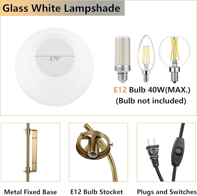 ELEHINSER Gold Wall Sconces Set of 2 with Globe Shade, Modern Indoor Plug in Wall Lamps with Switch, Angle Adjustable Light for Bedroom Living Room Study Hallway Bedside