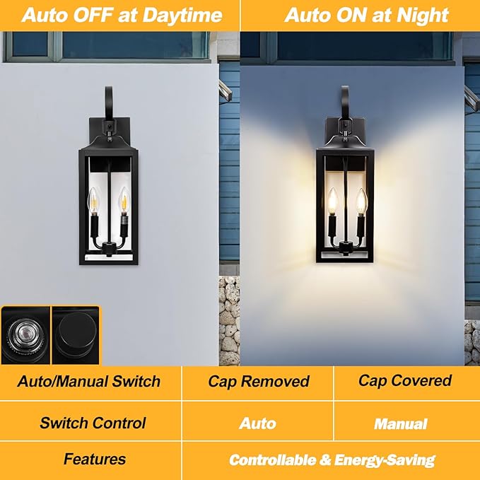 Black Dusk to Dawn Outdoor Wall Lantern 2-Light, 19" Large Outside Modern Wall Sconce Light Fixture, Industrial Porch Light Wall Mount with Glass, Waterproof Farmhouse Exterior Lamp Lighting, 2 Pack