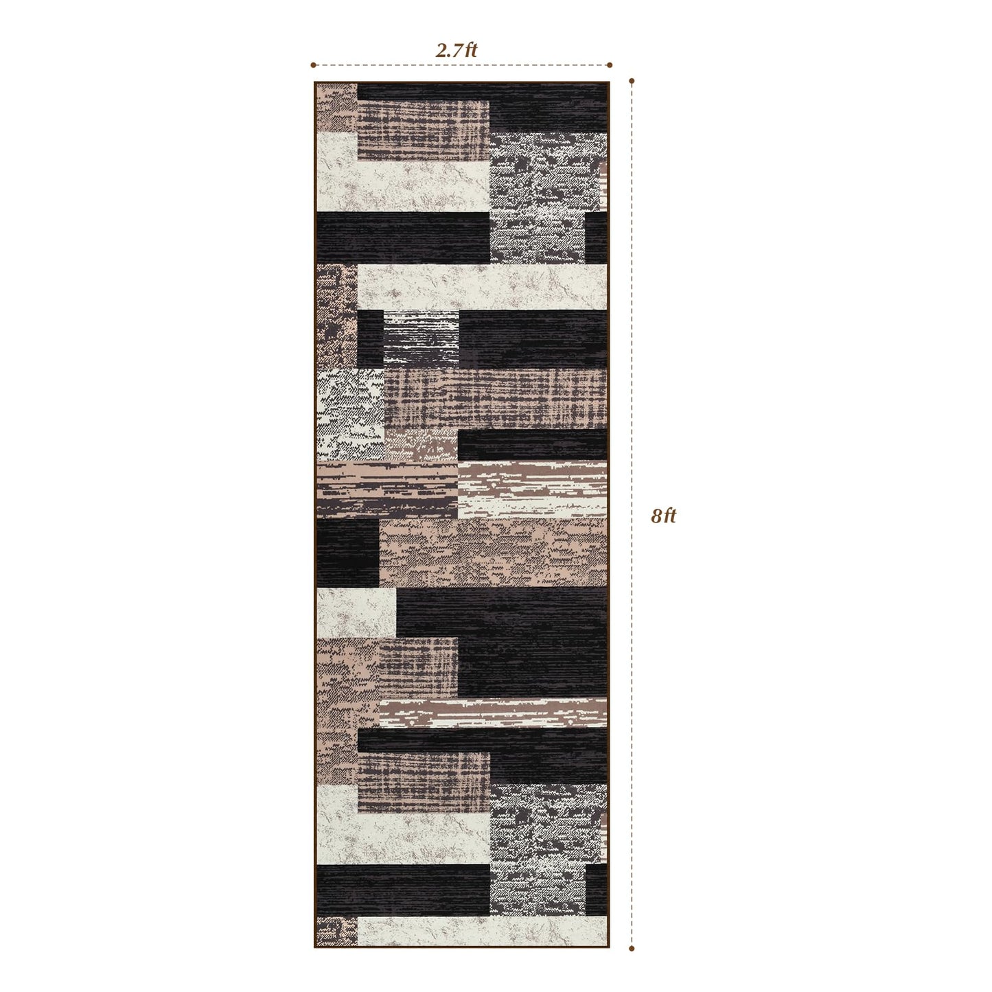 Indoor Runner Rug, Washable Runner Rug with Rubber Backing, Modern Geometric Patchwork Aesthetic Carpet for Bedroom, Living Room, Hallway, Entryway, Washable Rugs Rockwood Collection,2.7x8Ft Chocolate