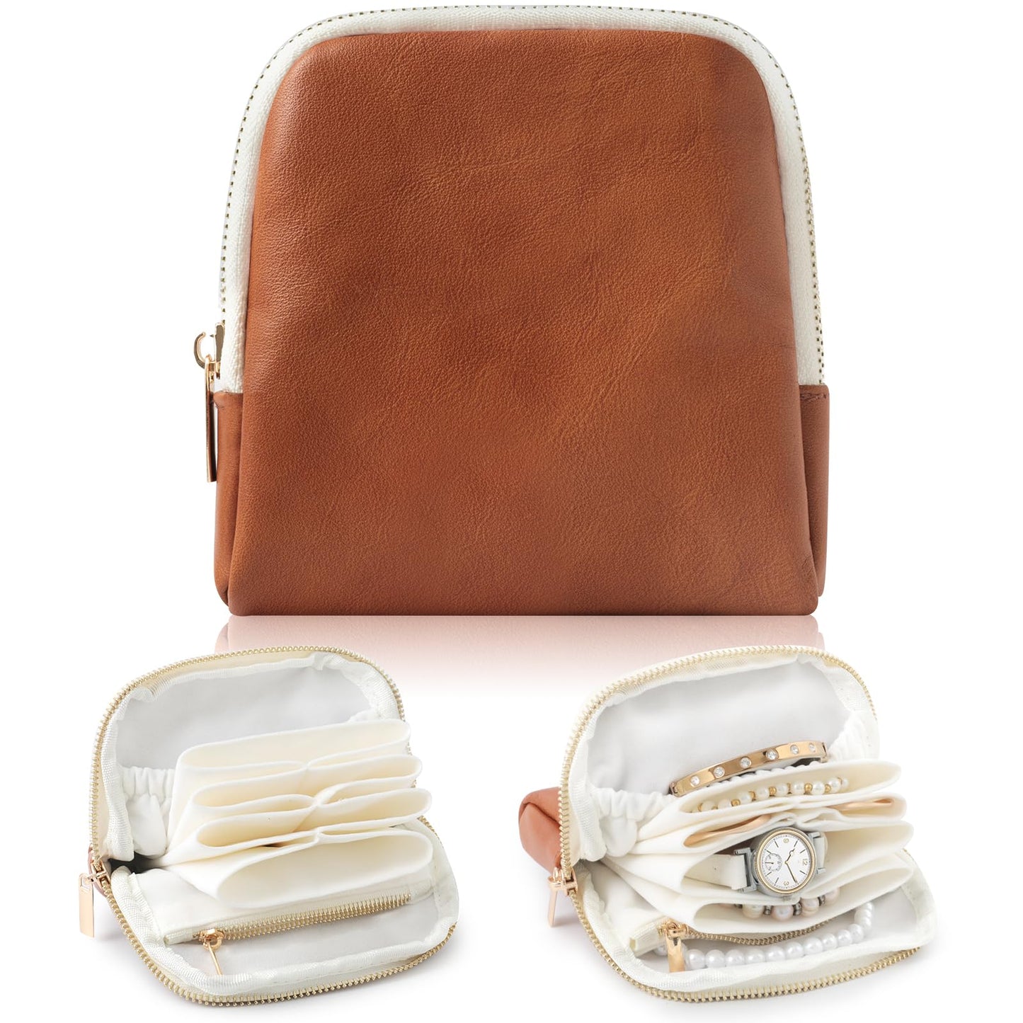 NGVRC Genuine Leather Travel Jewelry Organizer Case Pouch Bags with Zipper, Small Mini Portable Jewelry Storage Bag for Ring Earrings Necklace Bracelet Travel Essentials Gift for Women（Brown）