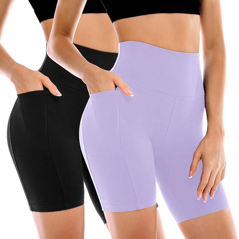 Leafigure 2 Pack Womens Biker Shorts with Pockets, High Waisted Tummy Control Yoga Shorts for Women Running Gym and Workout Black/Light Purple S-M