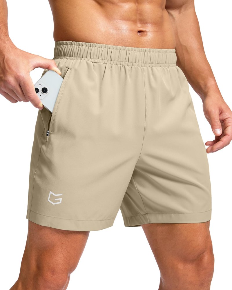 G Gradual Men's Athletic Running Shorts with Zipper Pockets Quick Dry 7"/ 5"/ 9" Workout Gym Shorts for Basketball Hiking(Khaki,5S)
