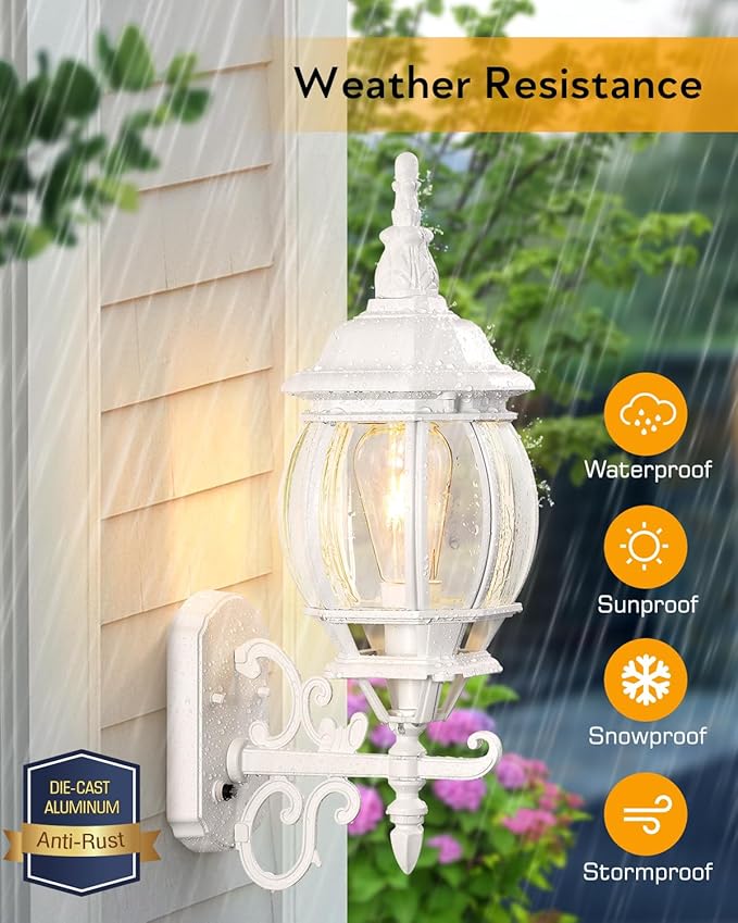 VIANIS 2 Pack Outdoor Sconce Lighting, White Exterior Wall Lights for House, Modern Dusk to Dawn Porch Lights Lantern Light Fixture, Anti-Rust Waterproof Garage Outside Lights for Patio Wall Mount