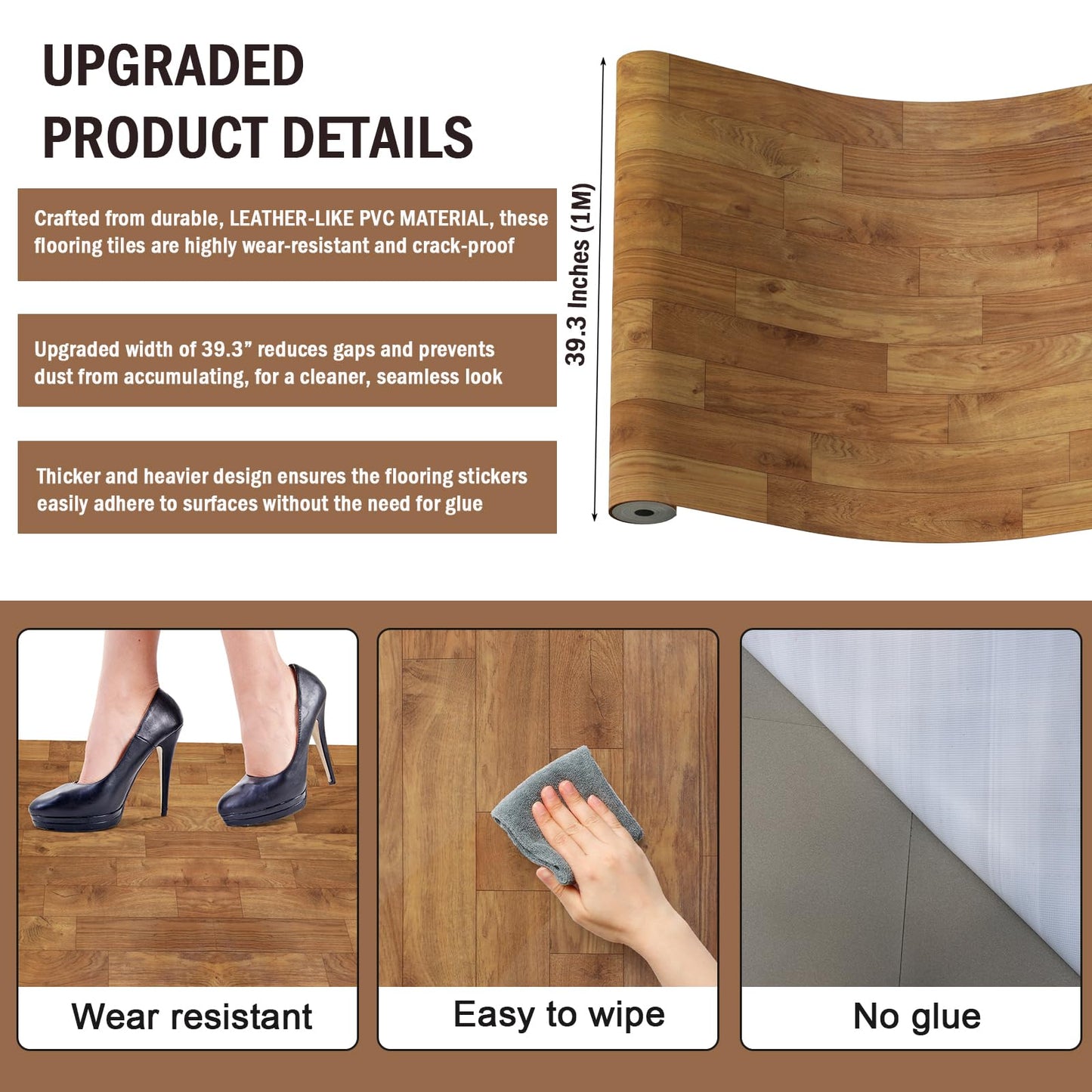 Oxdigi Vinyl Flooring Roll 53 sq.ft | 3'4"W x 16'5"L, PVC Leather-Like Linoleum Floor Covering, Waterproof Durable Heavy Vinyl, Easy to Install with Tape, Removable- No Adhesive Backing, Natural Oak
