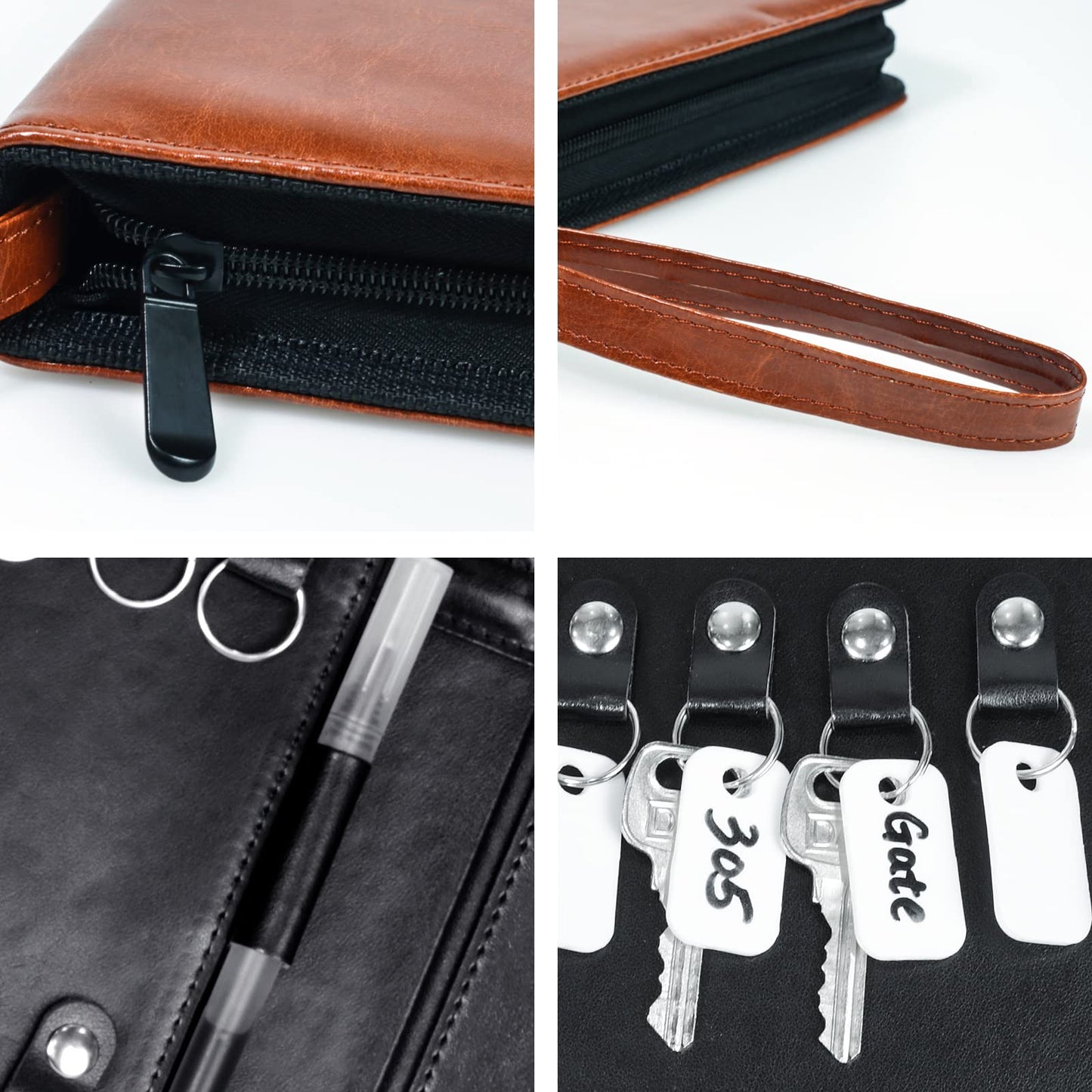 Portable Zippered Key Case, Leather Key Organizer with Handle, 32 Key Capacity, for Real Estate Sales, Hotel Executives, Car Service (Brown)