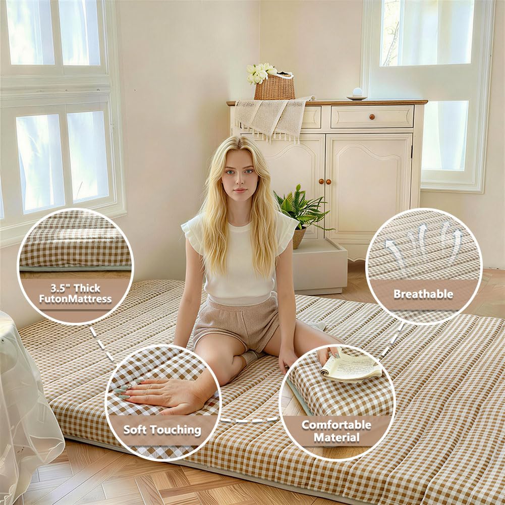 NSNLGSGC Tan Gingham Japanese Floor Mattress, 3.5" Thick High Density Foam Futon Mattress, Foldable Tatami Sleeping Pad, Roll Up Floor Bed for Dorm Guest Room, Twin Size 39" x 80"