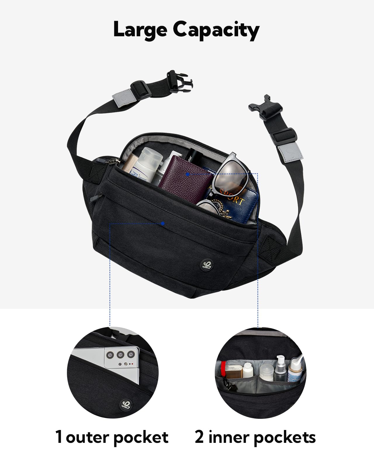 WATERFLY Fanny Pack for Men Women Water Resistant Large Hiking Waist Bag Pack Carrying All Phones for Running Walking Traveling (Black)
