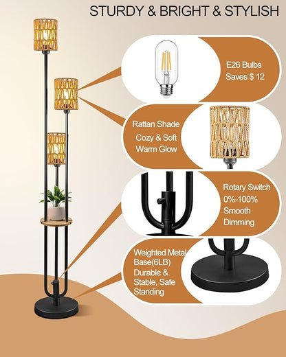 Lightdot Dimmable Boho Floor Lamps for Living Room, 3-Lights Rattan Floor Lamp with Shelves, 3000K Warmwhite Candle Holder Style Farmhouse Floor Lamp, Rustic Black Standing Lamp with Bulbs Included
