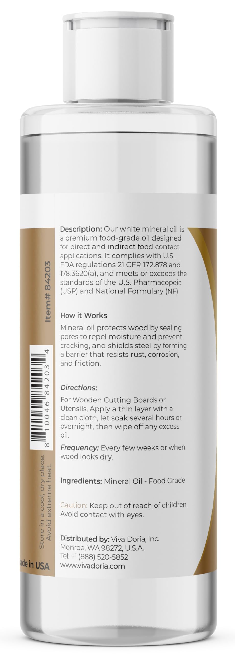 Viva Doria Food Grade Mineral Oil, Conditioner for Wood Cutting Board, Countertop, Butcher Block, Lubricant for Knife and Stainless Steel (8 fl oz)