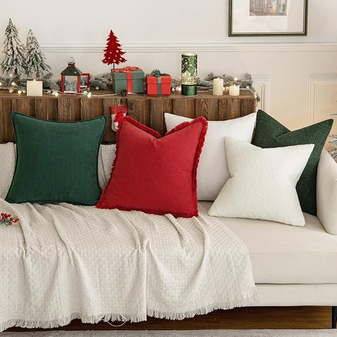MIULEE Christmas Decorative Lumbar Throw Pillow Covers Neutral Linen Fringe Throw Pillows Set of 2 Red Boho Farmhouse Cushion Covers with Tassels for Couch Sofa Bed Living Room Home Decor 12x20 Inch