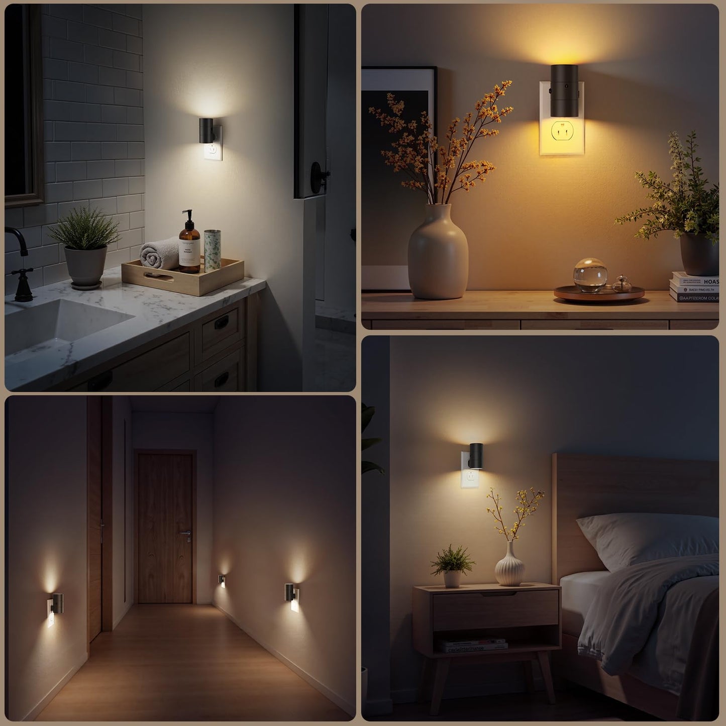 VOLISUN Night Light, Dimmable Led Night Lights Plug into Wall, Amber/3000K/4500K, 0-100LM Adjustable Brightness, Dusk to Dawn Nightlight for Hallway, Bathroom, Bedroom Black 2 Pack