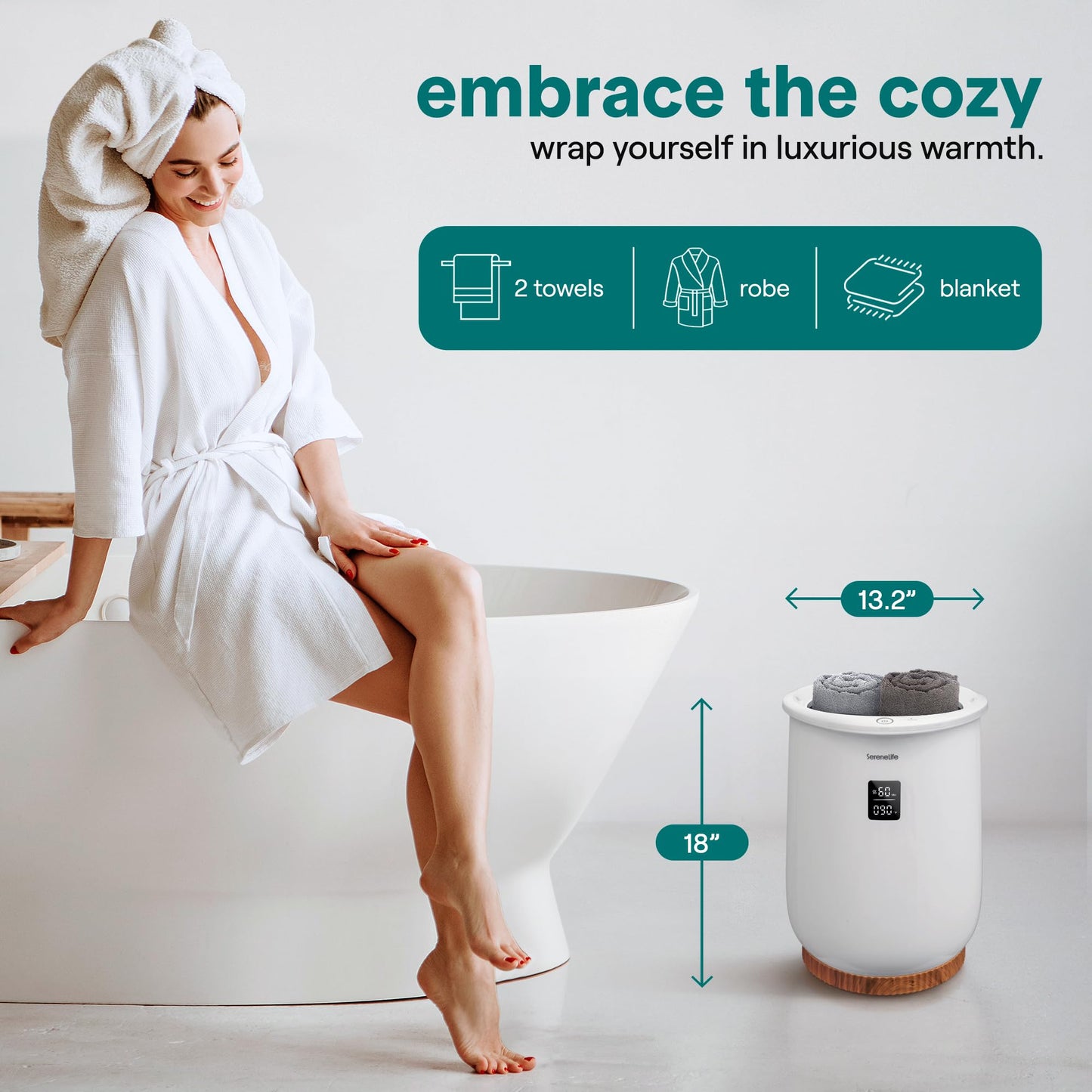 SereneLife Towel Warmer, 20L Capacity Hot Towel and Blanket Warmer with Digital Display, Adjustable Heating Time (20-90 min), Holds 2 Large Towels, Fragrant Disc Holder, 13” x 13” x 19” - inches